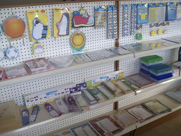 School and classroom supplies on display
